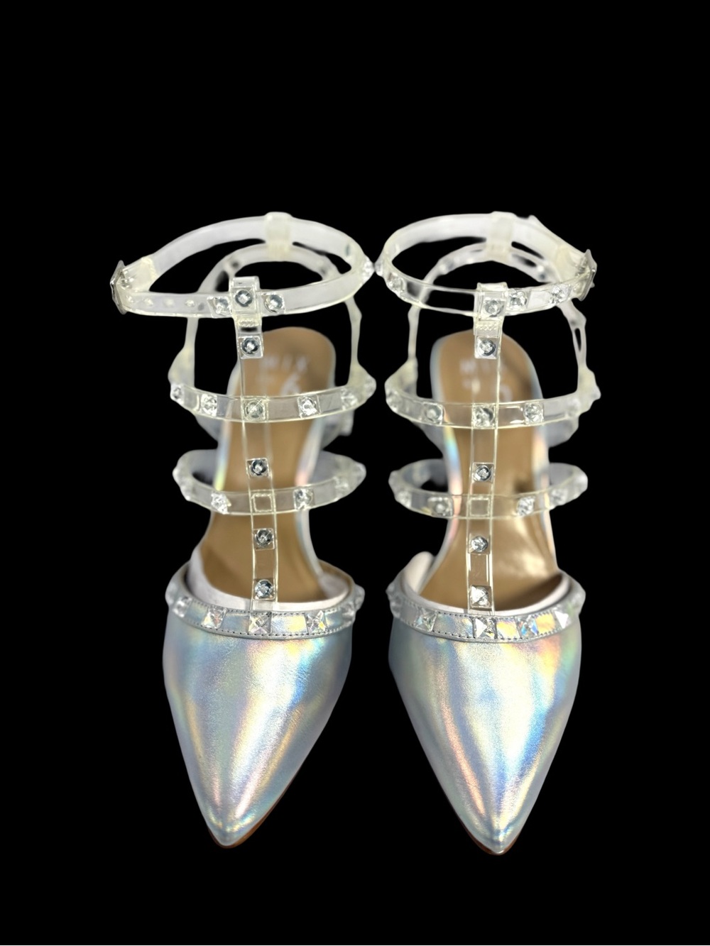 Mix No. 6 Iridescent Pointed-Toe Crystal T-Strap Heels